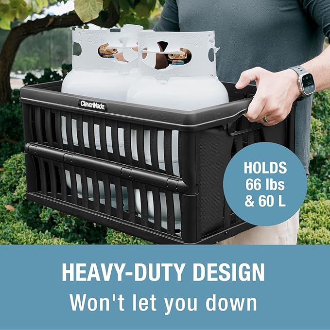 CleverMade 60L Collapsible Utility Crate (66 lb Capacity), Heavy Duty Folding Storage Crate, Stackable Plastic Organizer for Car Trunk, Garage & Groceries, 23 x 15 x 12 in, Obsidian