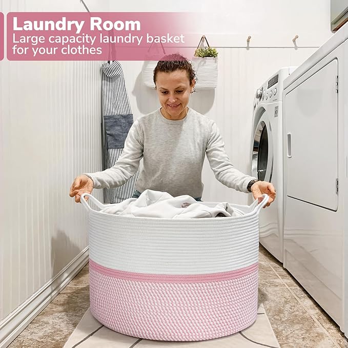 CHICVITA Extra Large Cotton Rope Woven Basket, XXL Throw Blanket Storage Basket with Handles, Pink Decorative Clothes Hamper Laundry Hamper - 22" x 22" x 14"