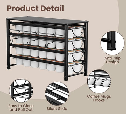 HFHOME Coffee Pod Organizer for Countertop, 4-Tier Metal Storage Drawer, Holds 56 Capsules, Coffee Station Holder for Kitchen, Office, or Home, 3 cup rack, Black