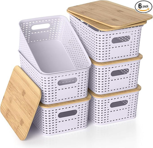 Plastic Storage Baskets with Bamboo Lids, Stackable Small Box Bins for Organizing and Containers for Shelves Drawers Desktop Closet Pantry Classroom Office Home, 6 Pack 10.2"x7.2"x4.1" Lavender