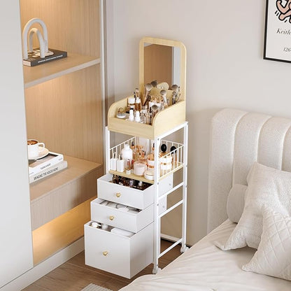 Makeup Organizer Cart with Vanity Mirror, Floor Skincare Organizers Make Up Organizers-Vanity Organizer Cosmetic Display Cases Holder for Skin Care Perfume Nail Polish Brush Hair Tool (White)