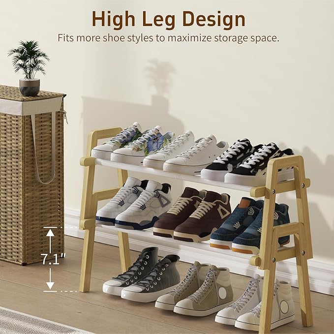 2-Tier Bamboo Shoe Rack Stackable, Shoe Organizer for Entryway and Closet, Modular Small Shoe Storage Shelf, Space-Saving Free Standing, Holds 8-10 Pairs of Shoes, Natural
