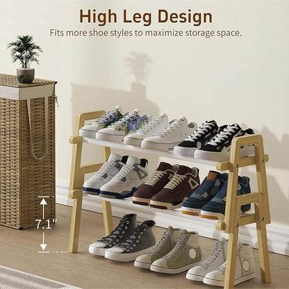 2-Tier Bamboo Shoe Rack Stackable, Shoe Organizer for Entryway and Closet, Modular Small Shoe Storage Shelf, Space-Saving Free Standing, Holds 8-10 Pairs of Shoes, Natural