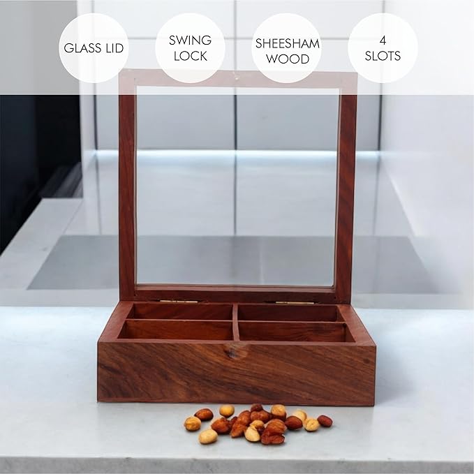 Wooden Spice Box, Masala Container, Condiments Storage Case for Kitchen, Multipurpose Decorative Box - Indian Rosewood Crafted