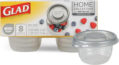 Glad GladWare Home Collection Mini Round Food Storage Containers, Small BPA Free Plastic with Silver Metallic Lid, Snack and Portion Control Containers, Microwave Dishwasher Safe, 4 Oz, 8 Count