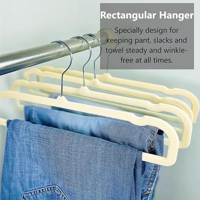 Velvet Hangers, 20pcs Heavy Duty Flocked Pant Hanger with Non-Slip Trouser Bar, 35cm(L) Adult Clothes Hangar with Swivel Hook, Slim Felt Perchas Terciopelo for Shorts, Dress, Scraf, Bar (Beige-Silver)
