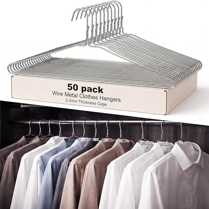 50 Pack Wire Metal Clothes Hangers 16 Inch Thin Hangers for Suits Coats Shirts Pants, Skirts, Space Saving Non Slip, 13 Gauge Silver, for Closet Organization