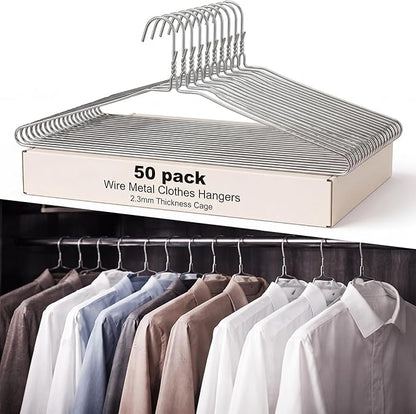 50 Pack Wire Metal Clothes Hangers 16 Inch Thin Hangers for Suits Coats Shirts Pants, Skirts, Space Saving Non Slip, 13 Gauge Silver, for Closet Organization