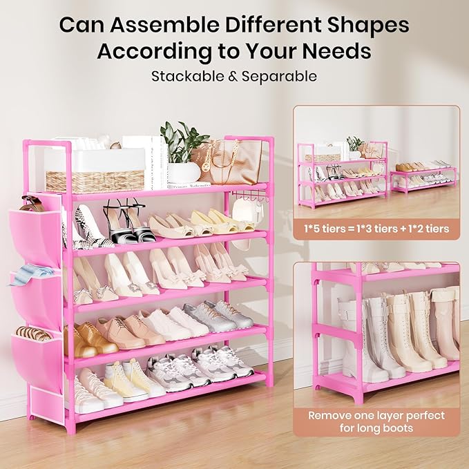 VILICK Shoe Rack for Closet Shoe Organizer Space Saver Storage for 20-25 Pair Shoe Shelf with Hook and Side Pocket Free Standing 5 Tier Shoe Rack Organizer for Entryway,Small Spaces, Pink