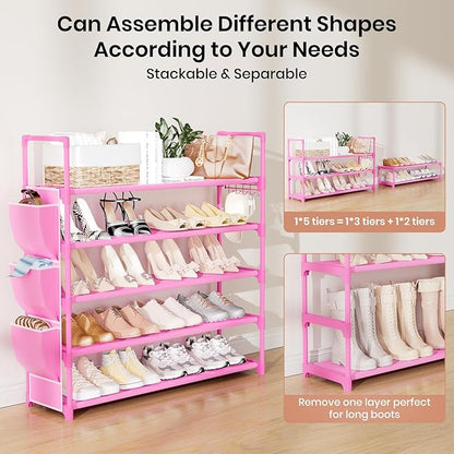 VILICK Shoe Rack for Closet Shoe Organizer Space Saver Storage for 20-25 Pair Shoe Shelf with Hook and Side Pocket Free Standing 5 Tier Shoe Rack Organizer for Entryway,Small Spaces, Pink