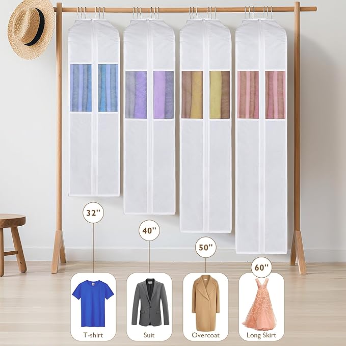 Univivi Premium Cotton Garment Bags for Hanging Clothes and Storage, 40 Inch Washable Suit Cover Bag with Extra Large 10" Gusset & Clear Window - Perfect for Suits, Coats, Jackets - 4 Pack