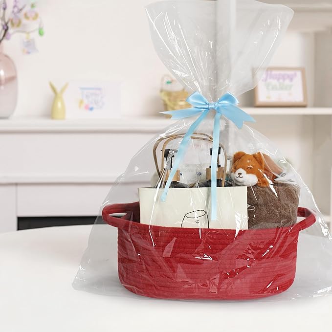 MEGASKET Red Woven Basket, 13" x 9" x 5" Baskets for Gifts Empty, Cute Cotton Rope Cat Dog Toy Bin Box, Small Woven Bin for Organizing, Red Room Decor, Nursery Cloth Diaper Storage Organizer