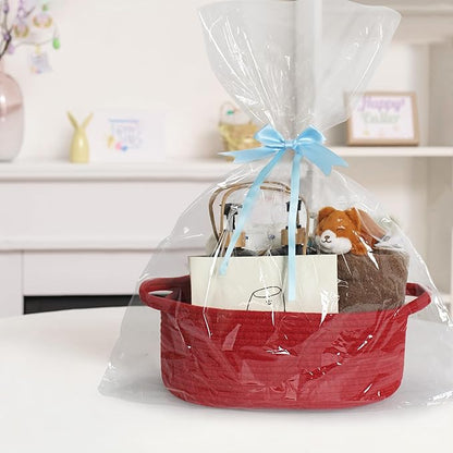 MEGASKET Red Woven Basket, 13" x 9" x 5" Baskets for Gifts Empty, Cute Cotton Rope Cat Dog Toy Bin Box, Small Woven Bin for Organizing, Red Room Decor, Nursery Cloth Diaper Storage Organizer