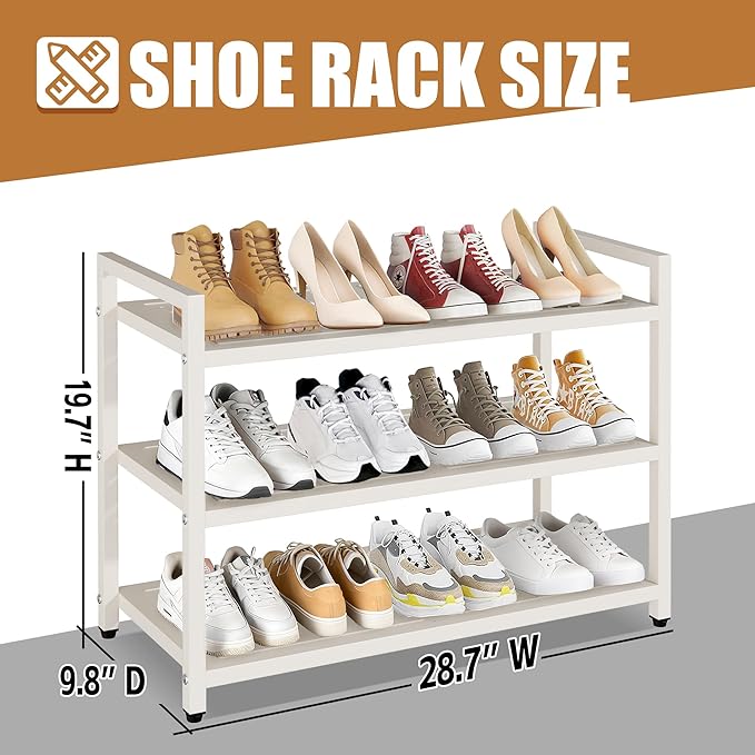 3-Tier Heavy Duty Metal Shoe Rack, 200 LBS Load Capacity, Sturdy Free Standing Shoe Storage Organizer, Holds 9-12 Pairs, 28.7" W x 9.8" D x 19.7" H White for Entryway, Closet, Bedroom & Dorm