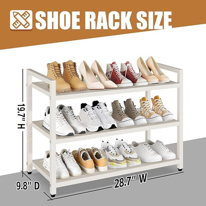 3-Tier Heavy Duty Metal Shoe Rack, 200 LBS Load Capacity, Sturdy Free Standing Shoe Storage Organizer, Holds 9-12 Pairs, 28.7" W x 9.8" D x 19.7" H White for Entryway, Closet, Bedroom & Dorm