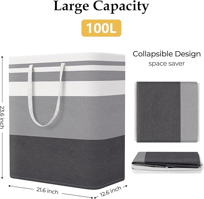 StorageRight Laundry Basket Hamper Large Collapsible Laundry Hamper with Easy Carry Handles，Freestanding Clothes Hampers for Laundry, Bedroom, Dorm, Clothes, Towels, 100L, Gradient Grey