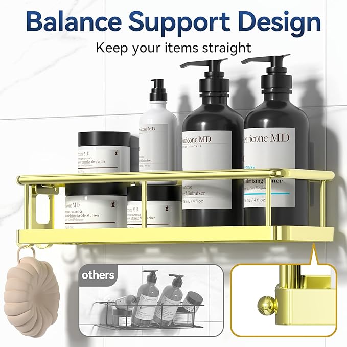 YASONIC Shower Caddy Adhesive, No Drill Bathroom Shower Organizers, with Removable Hooks, Rust Proof Shower Shelves, Wall-Mounted Shower Holder, 2 Pack Gold
