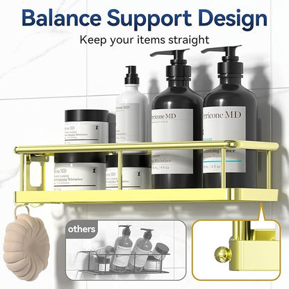 YASONIC Shower Caddy Adhesive, No Drill Bathroom Shower Organizers, with Removable Hooks, Rust Proof Shower Shelves, Wall-Mounted Shower Holder, 2 Pack Gold