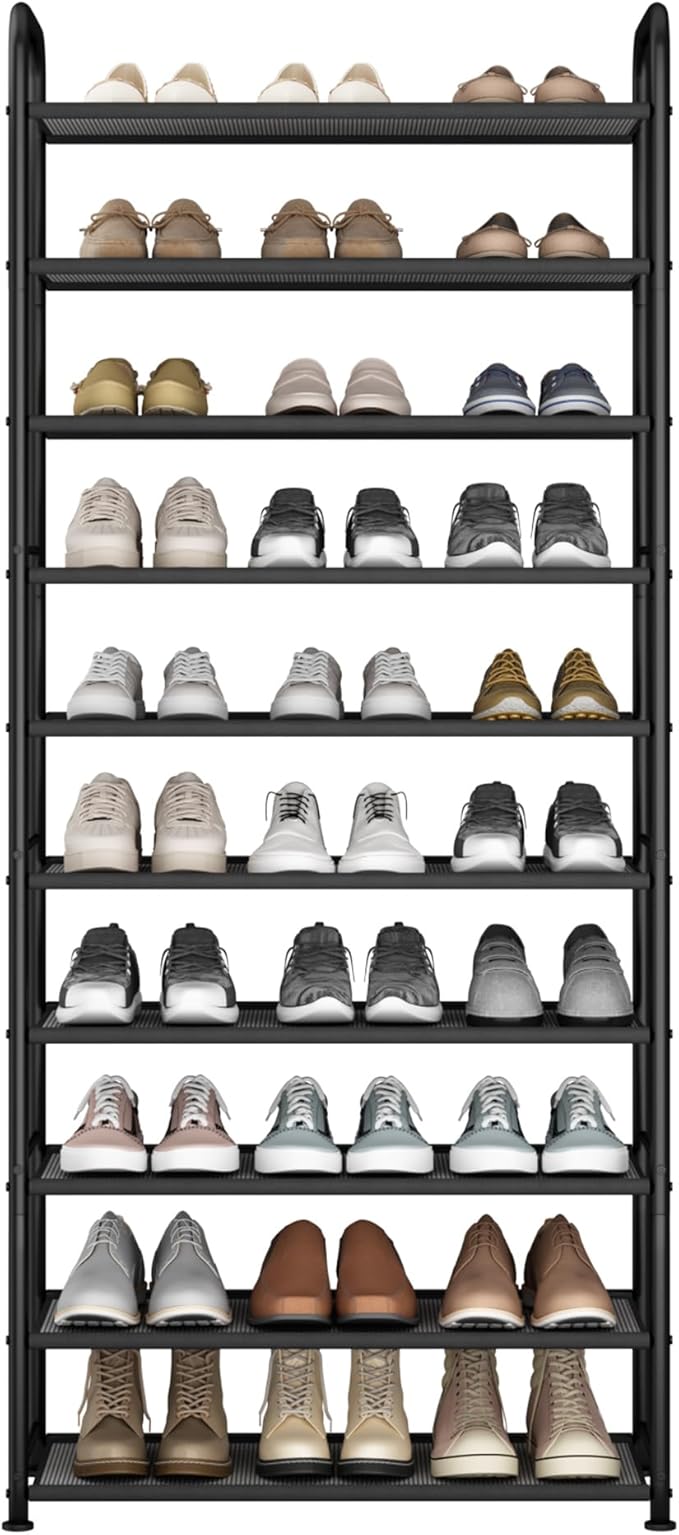 STO STO 10-Tier Shoe Rack with Sturdy Mesh Shelves, Tall Metal Shoe Organizer for Entryway, Closet, Garage, Front Door, Holds 30 Pairs, Free Standing Large Shoe Storage Shelf, Adjustable Feet, Black