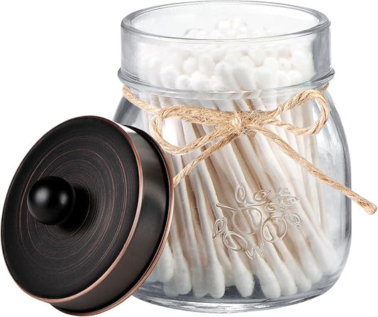 SheeChung Small Mason Jar, Glass Qtip Holder, Apothecary Jars with Lids, Bathroom Organizers and Storage, Bathroom Canister for Q-tips, Floss, Balls, Cotton Swabs, Farmhouse Decor-Oil Rubbed Bronze
