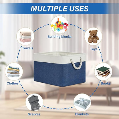 Temary Fabric Storage Baskets 4Pack Storage Bins Decorative Basket for Gift, Clothes Bin with Rope Handle, Rectangle Baskets for Storage, Blankets(White&Blue,15x11x9.5 inch)