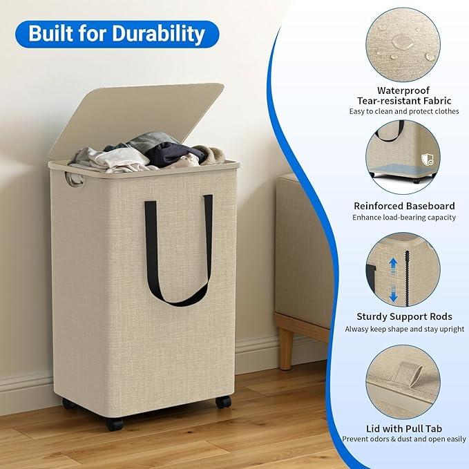 Laundry Basket with 5 Wheels, Tall Dirty Laundry Hamper, Rolling Laundry Basket with Lid, Collapsible Clothes Hamper for Bathroom Bedroom Dorm Laundry Room, Khaki, 75L