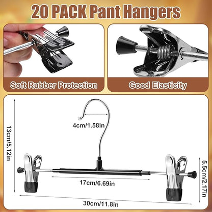 Jeffbaubl 20 Pack Pants Hangers, Skirt Hangers with Clips, Heavy Duty Adjustable Clips Hanger, Rubber Cover Metal Trouser Clip Hanger, Ultra Thin Space Saving for Skirt Jeans Adult