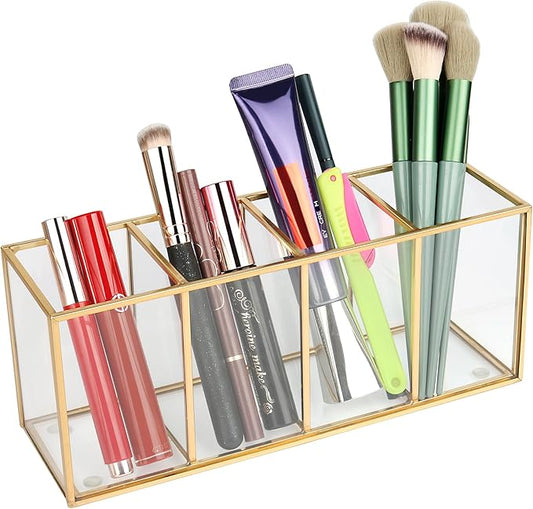 ELEGANTLIFE Clear Glass Makeup Brush Organizer,Luxurious Tempered Glass Cosmetics Brushes Storage Holder for Refined Bathroom Decor (Gold, 4 Sections)