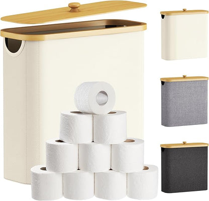 Lifewit Toilet Paper Storage Holder for 12 to 16 Rolls, Free Standing Toilet Paper Basket Stand with Bamboo Lid, Collapsible Fabric Bathroom Organizer Box for Mega Rolls, 30L, Extra Large, White