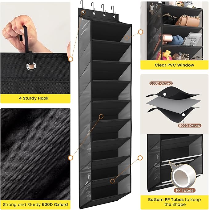 20-25 Pairs Over the Door Shoe Organizer, Clear Pockets Shoe Rack for Closet Door, 10-Tier Hanging Shoe Rack for Boots, Behind the Door Shoe Holder Fit All the Family's Sneakers, Boots, Heels, Black