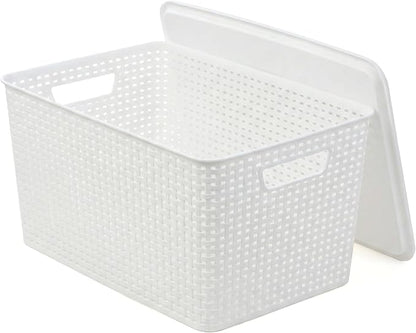 BINO | Plastic Storage Baskets with Lids, 22 Liter - 3 Pack, White | THE WOVEN COLLECTION | Storage Basket for Shelves | Woven Storage Baskets for Organizing Bins Pantry Shelf Organizer Container Bin