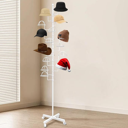 Montex Freestanding Hat Rack Stand, Metal Hat Organizer Rack with 14 Customisable Circular Hooks, Hats Tree Stand Floor Standing Hat Display, White