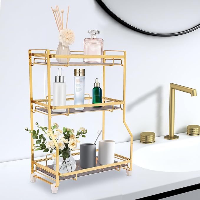 3 Tier Bathroom Countertop Organizer, Gold Bathroom Vanity Counter Organizer with Small Storage Basket for Skincare Makeup Perfume (Black)
