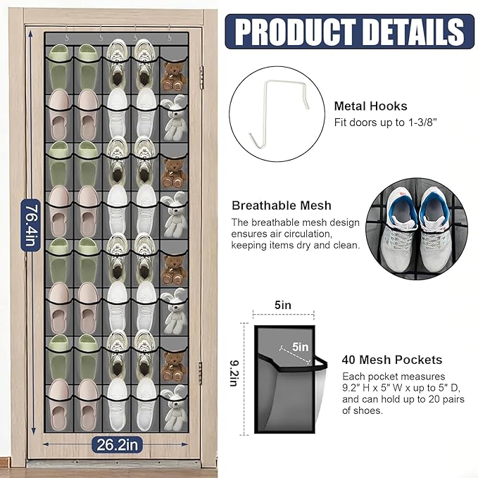 Over the Door Shoe Organizer - 40 Large Breathable Mesh Pockets, Space Saving Hanging Shoe Organizer with Metal Hooks, Hanging Shoe Rack for Men's and Women's Shoes (Grey)