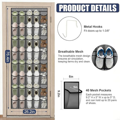 Over the Door Shoe Organizer - 40 Large Breathable Mesh Pockets, Space Saving Hanging Shoe Organizer with Metal Hooks, Hanging Shoe Rack for Men's and Women's Shoes (Grey)