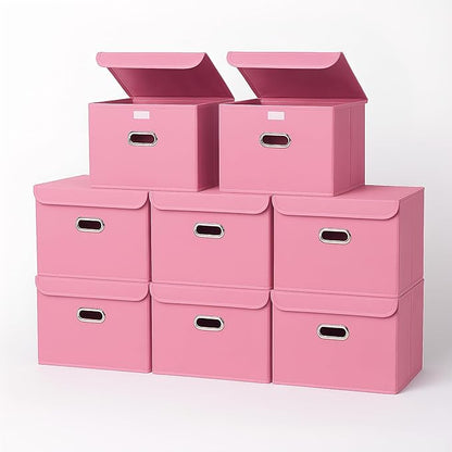 STOREONE Fabric Storage Cube Bins Foldable Organizer Container Collapsible Basket with Lids and Metal Handles, for Home, Bedroom, Closet 8 Pcs (Pink)