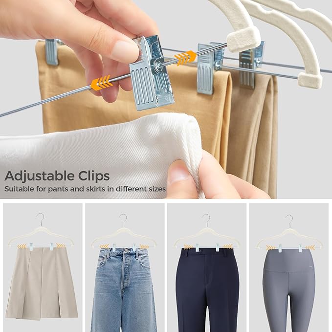 HOUSE DAY Velvet Hangers with Adjustable Clips 10 Pack, Non-Slip Suit Organizer with 360° Hook - Heavy Duty Hanger for Pants, Skirts, Blouses, Dresses - Outfit Hangers All-Season Space Saver (Ivory)