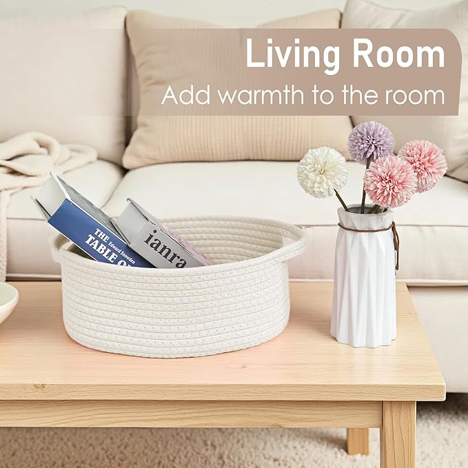 JMvicyroam Woven Basket,Small Rope Storage Bin with Handles & Ribbon Bag, Organizer for Shelves Closets,Gift Basket Empty for Birthday,Books,Dog Toys,White/2 Pack