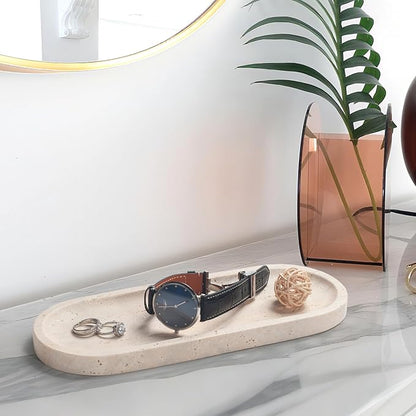 Oval Travertine Stone Tray for Jewelry, Candles, Perfume, Decorative Marble Bathroom Tray for Countertop Organizer 9.8inch x 3.9inch x 0.7inch