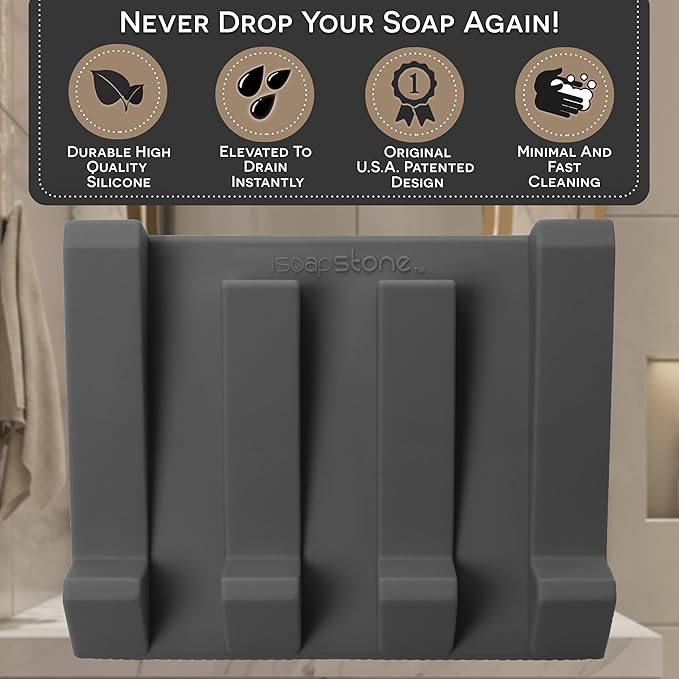 Silicone Soap Dish (USA Patented) Self Draining Bar Soap Holder for Shower Bathroom Sink, Drying Soap Dish Tray Kitchen Sponge Holder Easy Cleaning Soap Saver Mat (Dark Grey, 1)