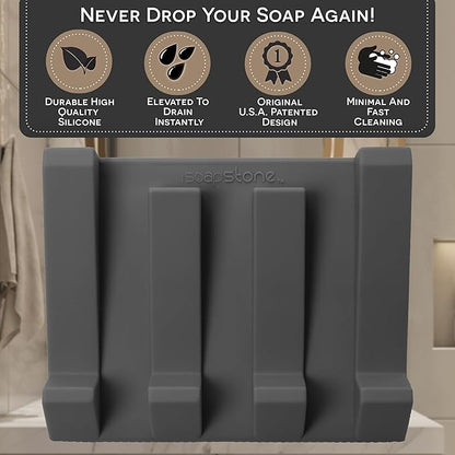 Silicone Soap Dish (USA Patented) Self Draining Bar Soap Holder for Shower Bathroom Sink, Drying Soap Dish Tray Kitchen Sponge Holder Easy Cleaning Soap Saver Mat (Dark Grey, 1)
