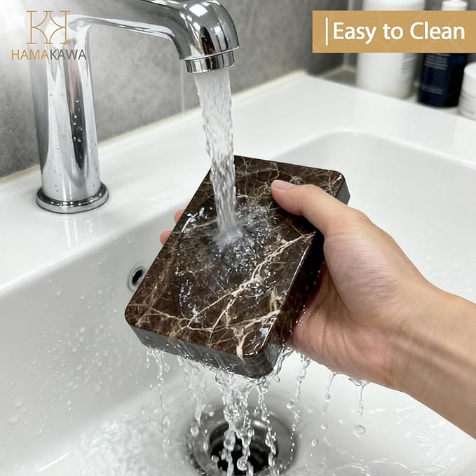 Natural Marble Soap Dish, Rectangle Emperador Dark Jewelry Dish, Dark Brown Style Shower Soap Holder, Modern Stone Sponge Holder, Bar Soap Saver Tray for Bathroom, Kitchen, Easy to Clean