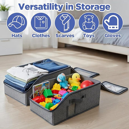 4 Pcs Stackable Hat Organizer for Baseball Caps, Grey Storage Box with Clear Window Lid, Holds up to 48 Caps, Space Saving Closet Organizer for Snapbacks, Foldable and Breathable Design