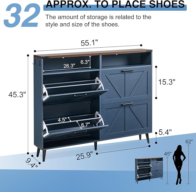 Barnyatoh Shoe Storage Cabinet,Farmhouse Shoe Organizer with 4 Flip Drawers & Barn Door Design,Freestanding Hidden Slim Narrow Shoe Rack Cabinet with Open Shelves for Entryway,Foyer,Hallway,Navy Blue