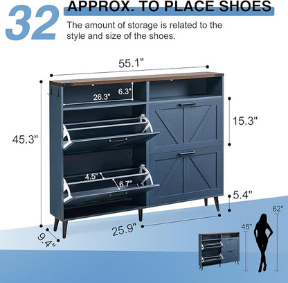 Barnyatoh Shoe Storage Cabinet,Farmhouse Shoe Organizer with 4 Flip Drawers & Barn Door Design,Freestanding Hidden Slim Narrow Shoe Rack Cabinet with Open Shelves for Entryway,Foyer,Hallway,Navy Blue
