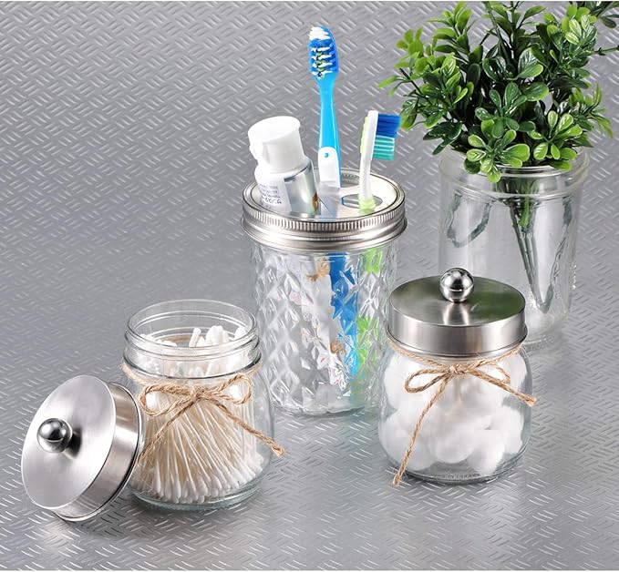 SheeChung Small Mason Jar, Glass Qtip Holder, Apothecary Jars with Lids, Bathroom Organizers and Storage, Bathroom Canister for Q-tips, Floss, Balls, Cotton Swabs, Farmhouse Decor-Brushed Nickel