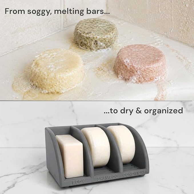 Shampoo Bar Holder for Shower, 3-Slot Soap & Conditioner Organizer with Drainage - Keeps Bars Dry & Lasts Longer - Modern Bathroom Organizer by Essence & Abode (Dark Gray)