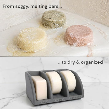 Shampoo Bar Holder for Shower, 3-Slot Soap & Conditioner Organizer with Drainage - Keeps Bars Dry & Lasts Longer - Modern Bathroom Organizer by Essence & Abode (Dark Gray)