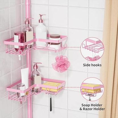 KEGII Shower Caddy Tension Pole, 4-Tier Rustproof Adjustable Corner Bathroom Organizer for Renters, 25–114.2 Inch No Drill Space-Saving Shower Storage Rack, Pink