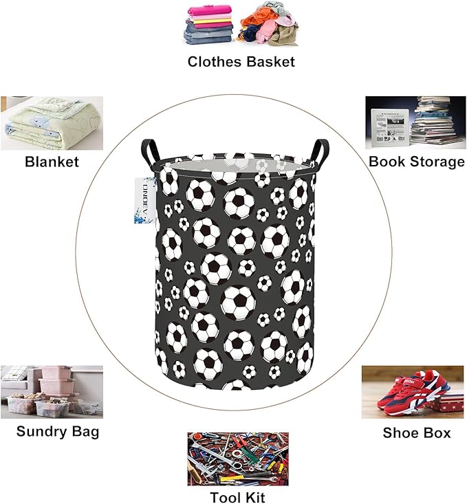 Round Soccer Laundry Basket,Collapsible Laundry Hamper for Nursery,Football Toy Storage Bin for Kids Boys,Waterproof Storage Basket for Home,Bedroom,Playroom(Soccer)